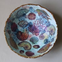 Image 1 of Paper mache bowl with fish, jellyfish, shells decoupage.