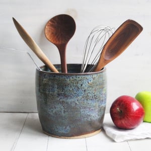 Image of Rustic Stoneware Utensil Holder in Speckled Blue and Green, Hand Made in USA