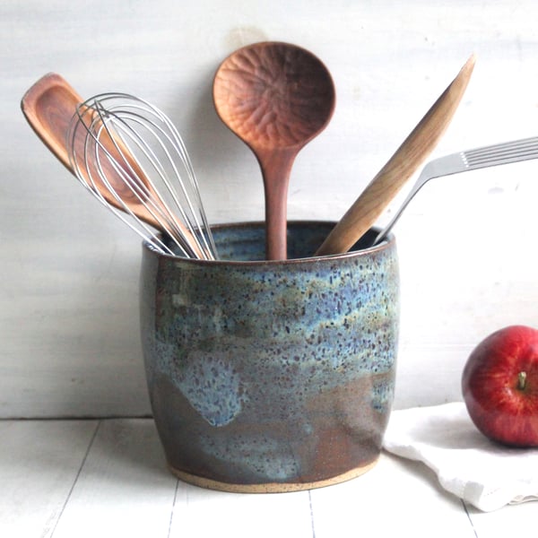 Image of Rustic Stoneware Utensil Holder in Speckled Blue and Green, Hand Made in USA