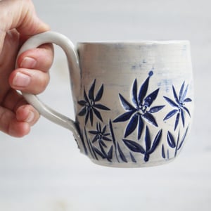 Image of Summer Flowers Carved Coffee Cup, 13 Ounce Gardeners Pottery Mug, Handmade in USA