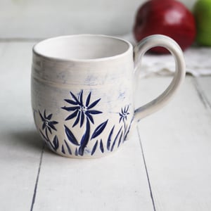 Image of Summer Flowers Carved Coffee Cup, 13 Ounce Gardeners Pottery Mug, Handmade in USA