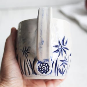 Image of Summer Flowers Carved Coffee Cup, 13 Ounce Gardeners Pottery Mug, Handmade in USA