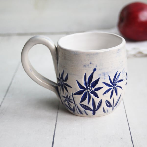 Image of Summer Flowers Carved Coffee Cup, 13 Ounce Gardeners Pottery Mug, Handmade in USA
