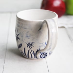Image of Summer Flowers Carved Coffee Cup, 13 Ounce Gardeners Pottery Mug, Handmade in USA