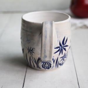 Image of Summer Flowers Carved Coffee Cup, 13 Ounce Gardeners Pottery Mug, Handmade in USA