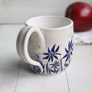 Image of Summer Flowers Carved Coffee Cup, 13 Ounce Gardeners Pottery Mug, Handmade in USA