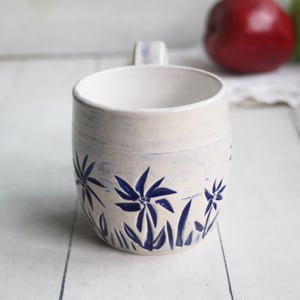 Image of Summer Flowers Carved Coffee Cup, 13 Ounce Gardeners Pottery Mug, Handmade in USA