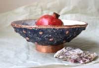 Image 7 of Paper mache bowl with shells and bronze rim and dots. Sustainable recycled paper home decor. 
