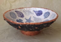 Image 8 of Paper mache bowl with shells and bronze rim and dots. Sustainable recycled paper home decor. 