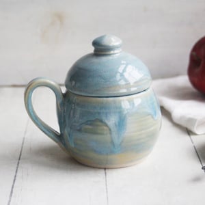 Image of Petite Mug with Warming Lid, 9 Ounce Mug in Sea Glass Blue Glaze, Made in USA