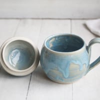 Image 5 of Petite Mug with Warming Lid, 9 Ounce Mug in Sea Glass Blue Glaze, Made in USA