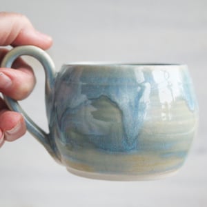 Image of Petite Mug with Warming Lid, 9 Ounce Mug in Sea Glass Blue Glaze, Made in USA