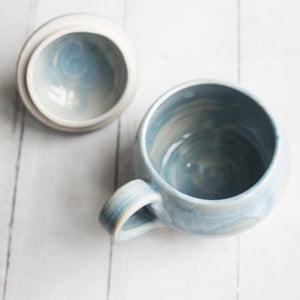 Image of Petite Mug with Warming Lid, 9 Ounce Mug in Sea Glass Blue Glaze, Made in USA