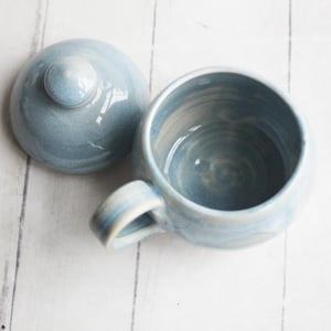 Image of Petite Mug with Warming Lid, 9 Ounce Mug in Sea Glass Blue Glaze, Made in USA