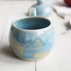 Image of Petite Mug with Warming Lid, 9 Ounce Mug in Sea Glass Blue Glaze, Made in USA