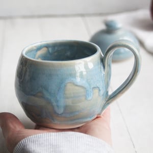 Image of Petite Mug with Warming Lid, 9 Ounce Mug in Sea Glass Blue Glaze, Made in USA