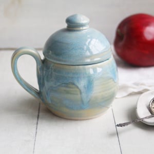 Image of Petite Mug with Warming Lid, 9 Ounce Mug in Sea Glass Blue Glaze, Made in USA