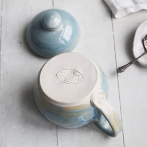 Image of Petite Mug with Warming Lid, 9 Ounce Mug in Sea Glass Blue Glaze, Made in USA