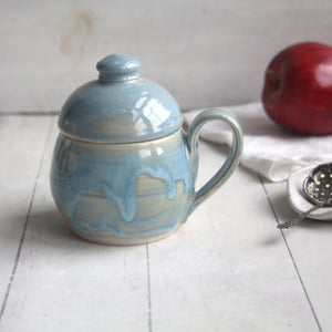 Image of Petite Mug with Warming Lid, 9 Ounce Mug in Sea Glass Blue Glaze, Made in USA