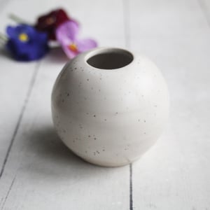 Image of Small White Speckled Vase, Round Petite Vase, Made in USA