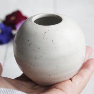 Image of Small White Speckled Vase, Round Petite Vase, Made in USA