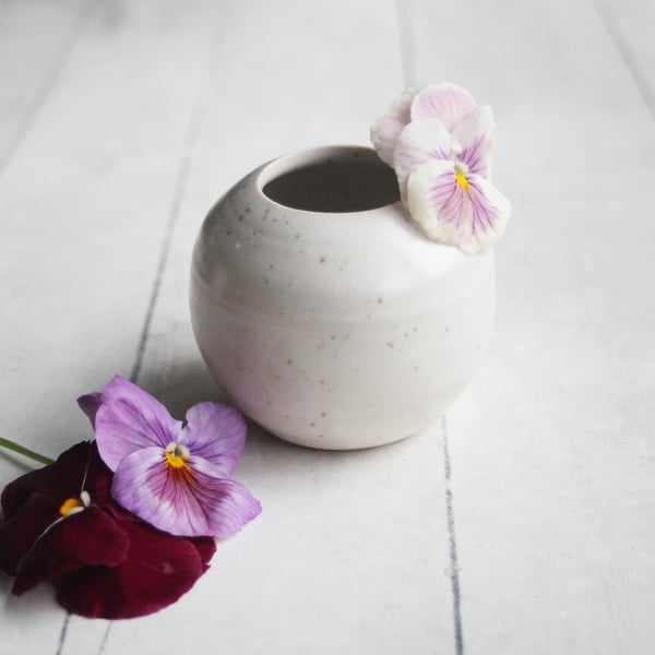 Image of Small Vase for your Petite Flowers, Handcrafted Round Vase in White Satin Speckled Glaze, Made in US