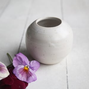 Image of Small Vase for your Petite Flowers, Handcrafted Round Vase in White Satin Speckled Glaze, Made in US