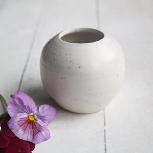 Image of Small Vase for your Petite Flowers, Handcrafted Round Vase in White Satin Speckled Glaze, Made in US