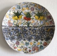 Image 1 of Paper mache wall plate with crown imperial fritillaria and shells decoupage. 
