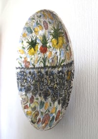 Image 3 of Paper mache wall plate with crown imperial fritillaria and shells decoupage. 