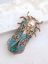 Image 1 of Cicada Pin Brooch, Emerald green fire opal cicada jewelry, Handmade Art Deco verdigris