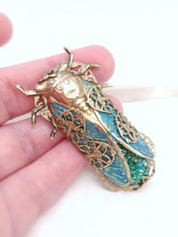 Image 4 of Cicada Pin Brooch, Emerald green fire opal cicada jewelry, Handmade Art Deco verdigris
