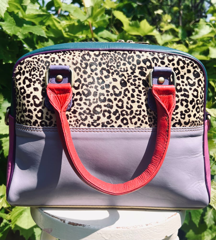 Image of Harlequin Collection - Multi-coloured Recycled Leather Barrel Bag #28B