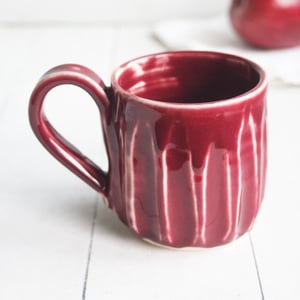 Image of Hand Carved Grooved Pottery Mug in Ox Blood Glaze, Creative Coffee Cup Made in USA (B)