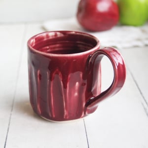 Image of Hand Carved Grooved Pottery Mug in Ox Blood Glaze, Creative Coffee Cup Made in USA (B)