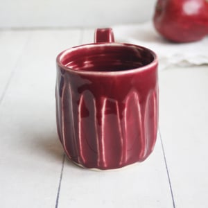 Image of Hand Carved Grooved Pottery Mug in Ox Blood Glaze, Creative Coffee Cup Made in USA (B)