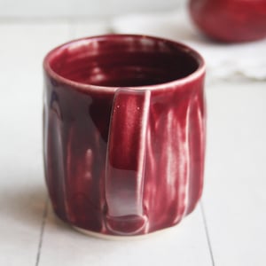 Image of Hand Carved Grooved Pottery Mug in Ox Blood Glaze, Creative Coffee Cup Made in USA (B)