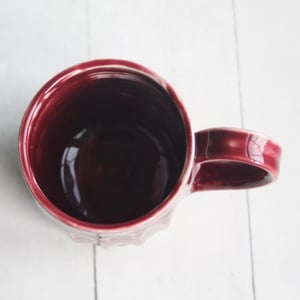 Image of Hand Carved Grooved Pottery Mug in Ox Blood Glaze, Creative Coffee Cup Made in USA (B)