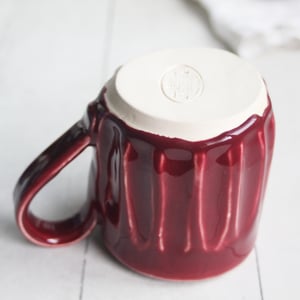 Image of Hand Carved Grooved Pottery Mug in Ox Blood Glaze, Creative Coffee Cup Made in USA (B)