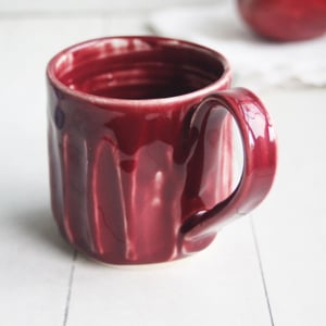 Image of Hand Carved Grooved Pottery Mug in Ox Blood Glaze, Creative Coffee Cup Made in USA (B)