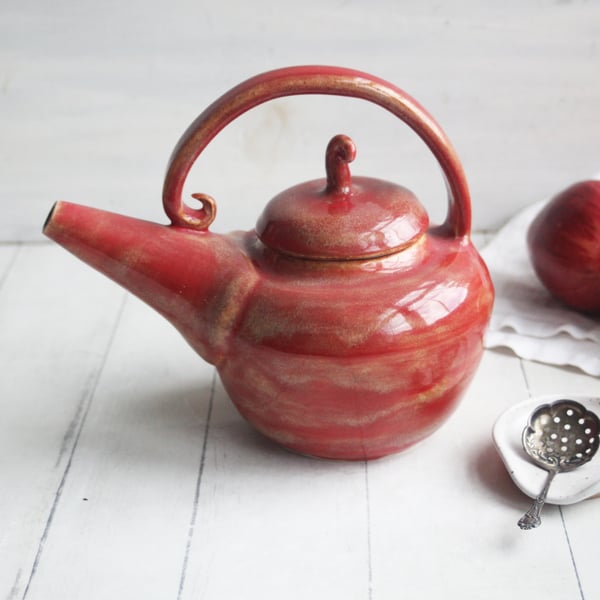 Image of Red Teapot, Handcrafted Nature Themed, 24 Ounce "Discounted Second" Sale