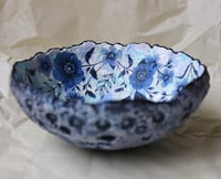 Image 1 of Exquisite paper mache bowl with navy blue flowers.