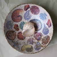 Image 1 of Aged paper mache bowl with shells. Antique style recycled paper plate.