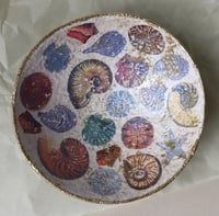 Image 4 of Aged paper mache bowl with shells. Antique style recycled paper plate.