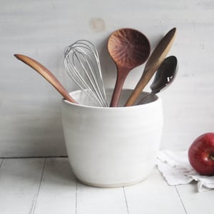 Image of Large Utensil Holder in Rustic Modern Matte White Glaze, Ceramic Kitchen Crock, Made in USA