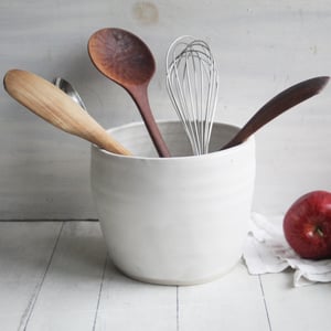 Image of Large Utensil Holder in Rustic Modern Matte White Glaze, Ceramic Kitchen Crock, Made in USA