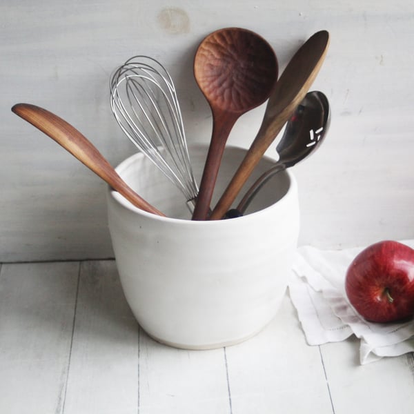 Image of Large Utensil Holder in Rustic Modern Matte White Glaze, Ceramic Kitchen Crock, Made in USA