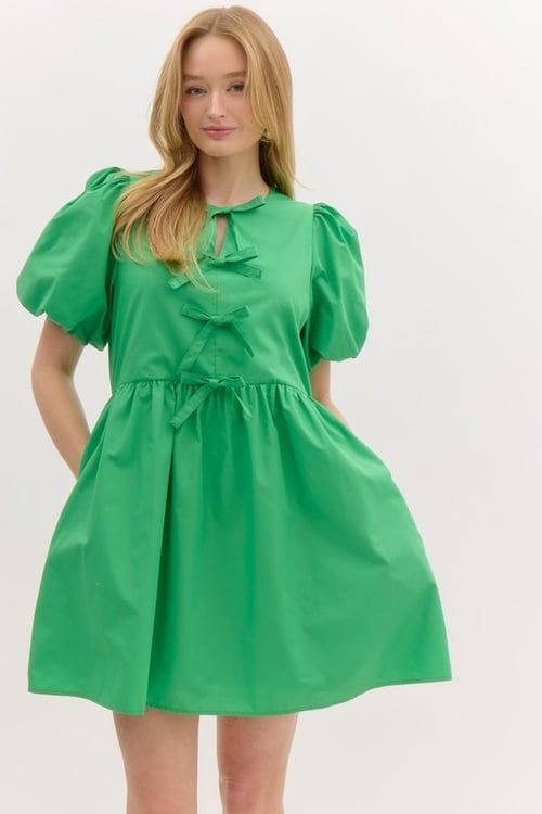Image of RIBBON DETAIL BUBBLE SLEEVE DRESS 