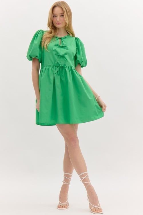 Image of RIBBON DETAIL BUBBLE SLEEVE DRESS 