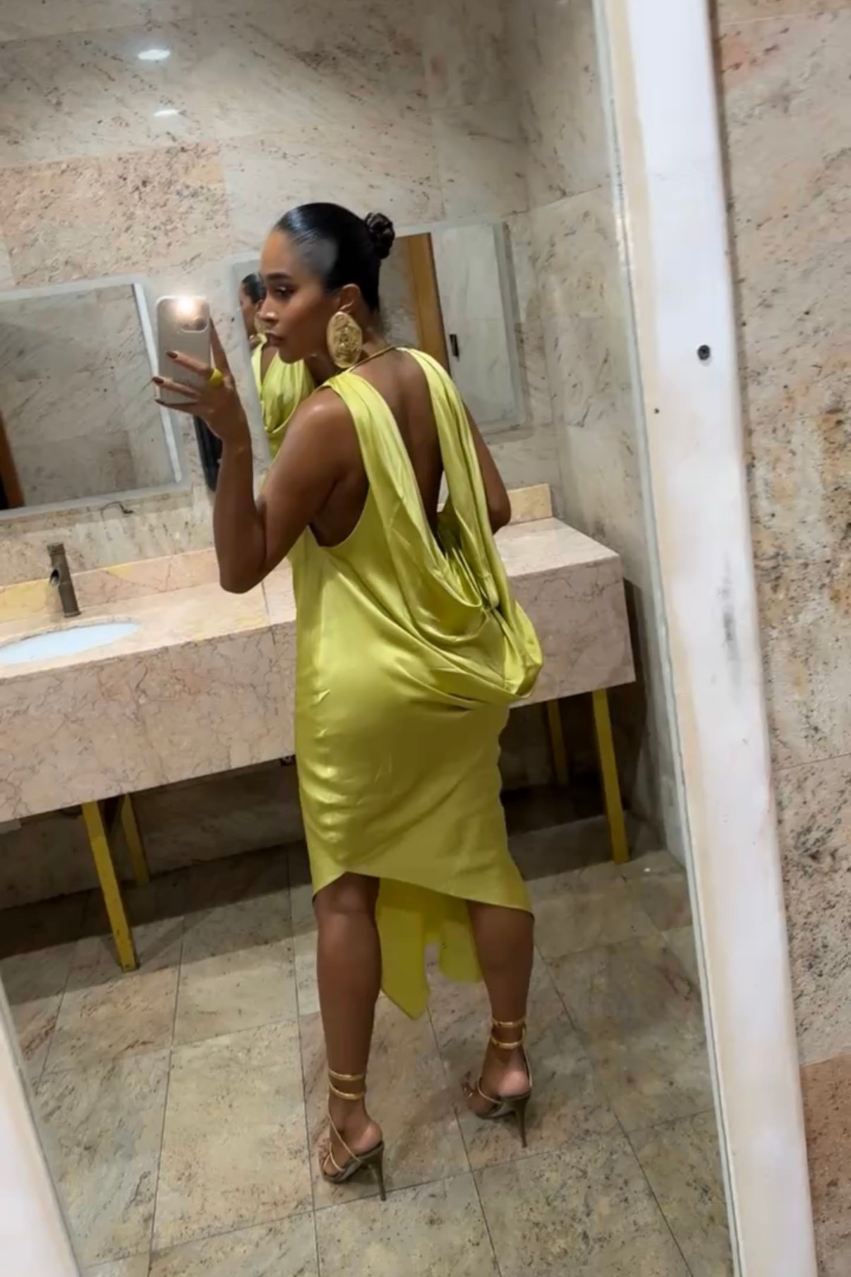 Image of ZARA LIME GREEN SATIN FLOWY BACKLESS DRESS (L)